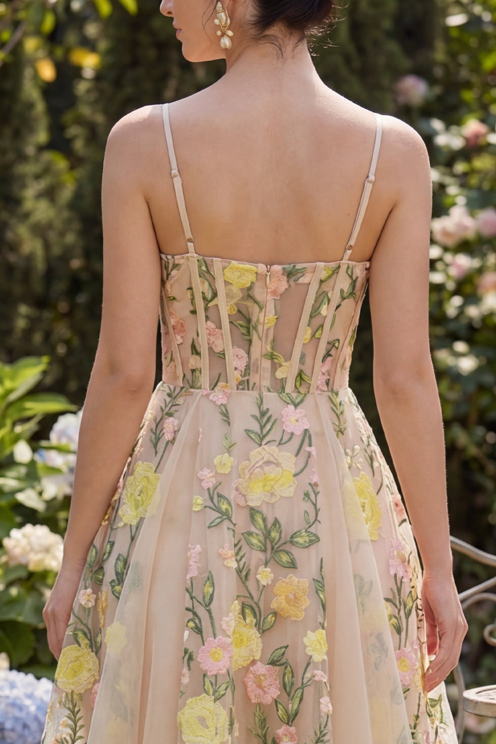 Champagne Spaghetti Straps Floral Corset A Line Mini Wedding Guest Dress