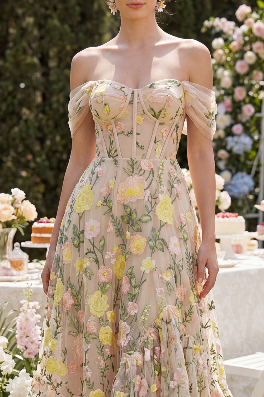 Floral Champagne Corset A Line Ruffled Maxi Wedding Guest Dress