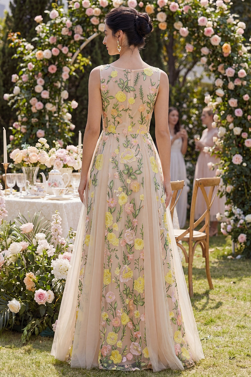 Floral Champagne Boat Neck A Line Long Wedding Guest Dress