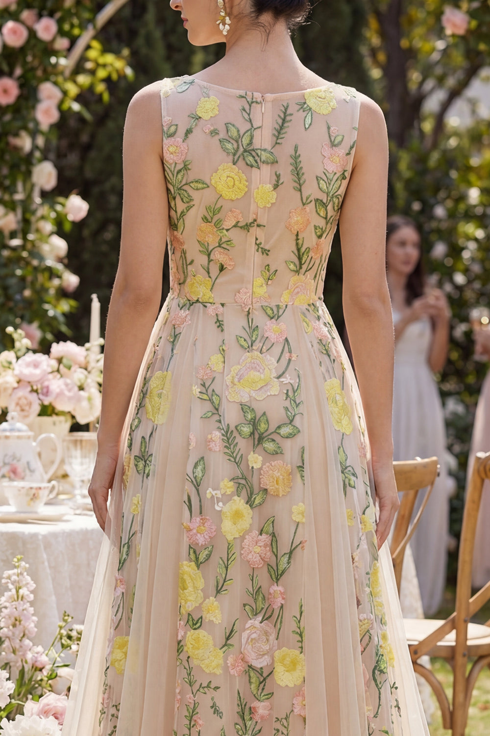 Floral Champagne Boat Neck A Line Long Wedding Guest Dress