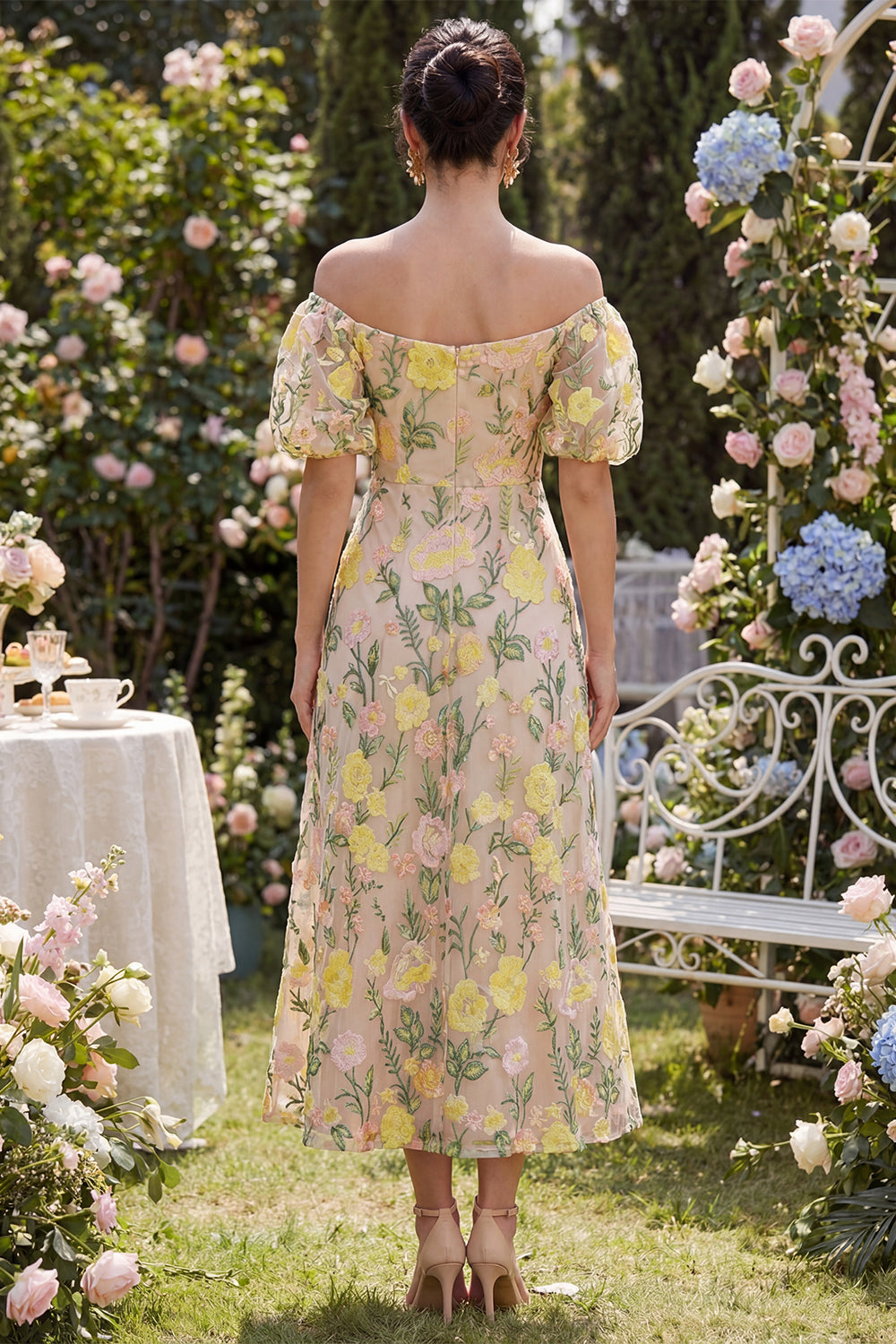 Floral Champagne A Line Off the Shoulder Maxi Wedding Guest Dress with Sleeves