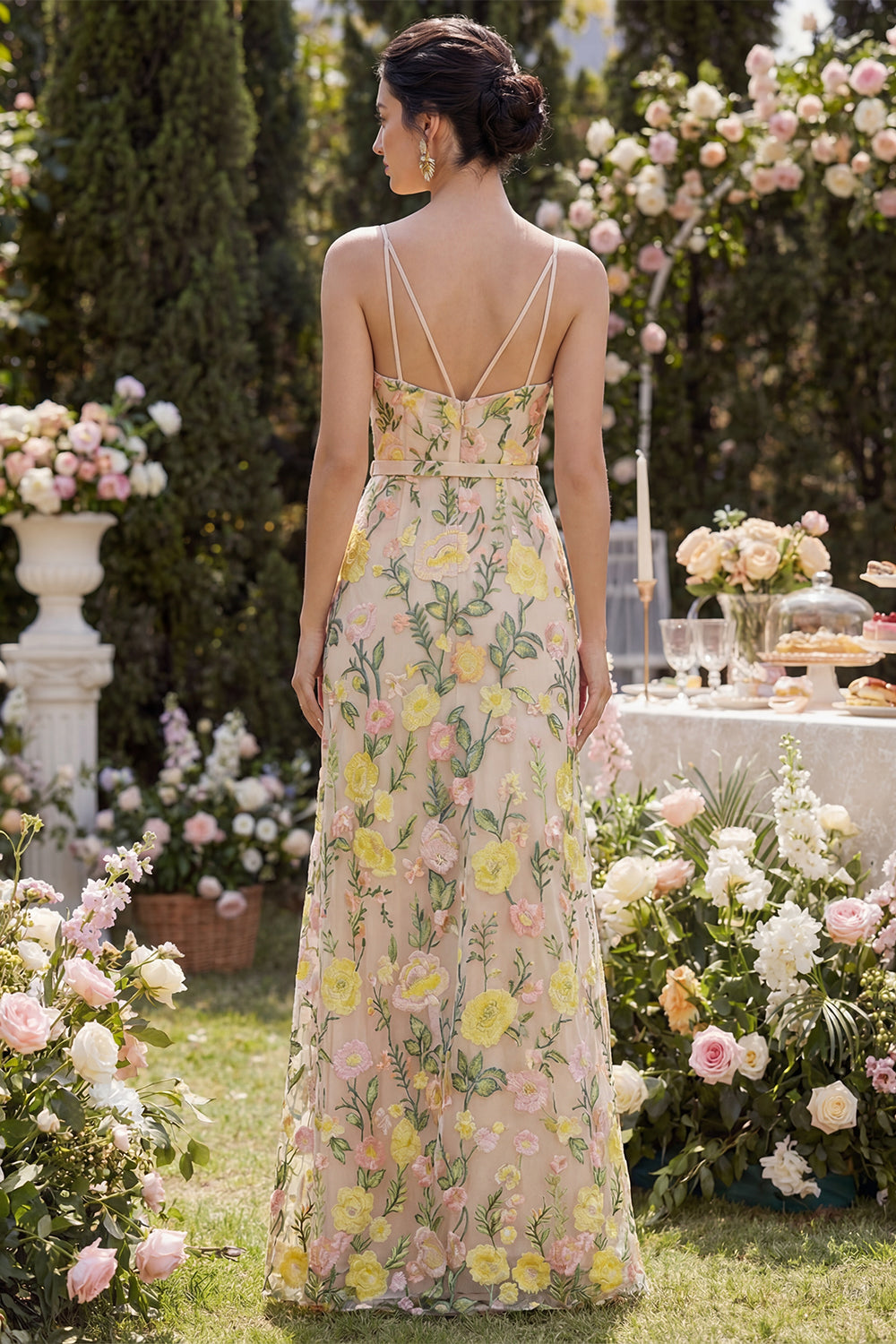 A Line Champagne Spaghetti Straps Maxi Floral Wedding Guest Dress with Slit