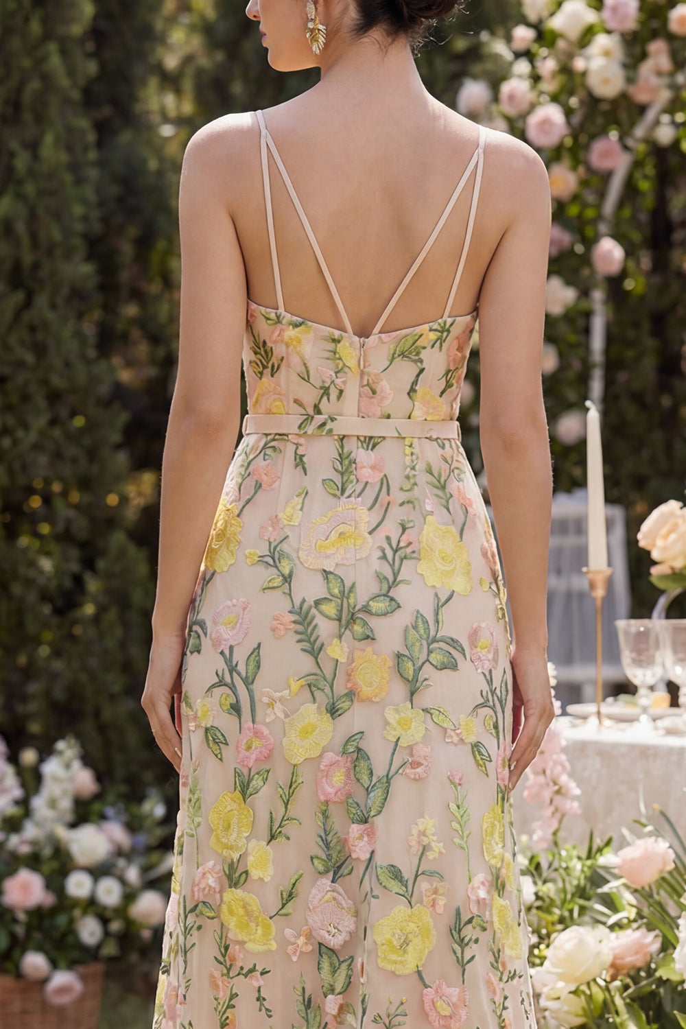 A Line Champagne Spaghetti Straps Maxi Floral Wedding Guest Dress with Slit