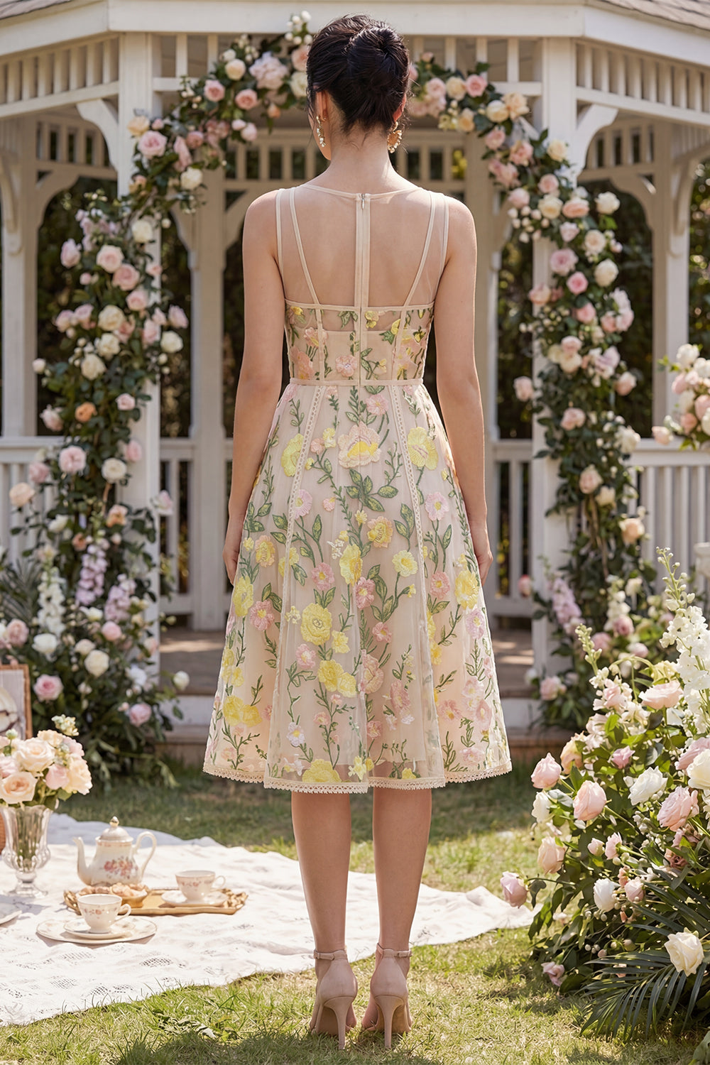 Corset Champagne V-Neck A Line Midi Wedding Guest Dress