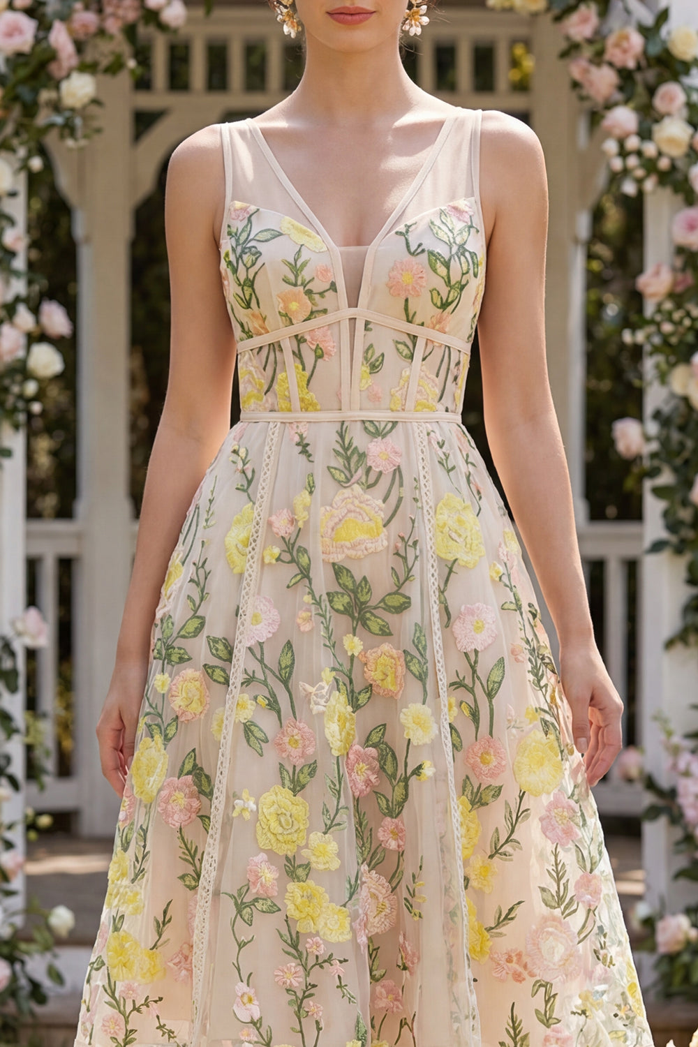 Corset Champagne V-Neck A Line Midi Wedding Guest Dress
