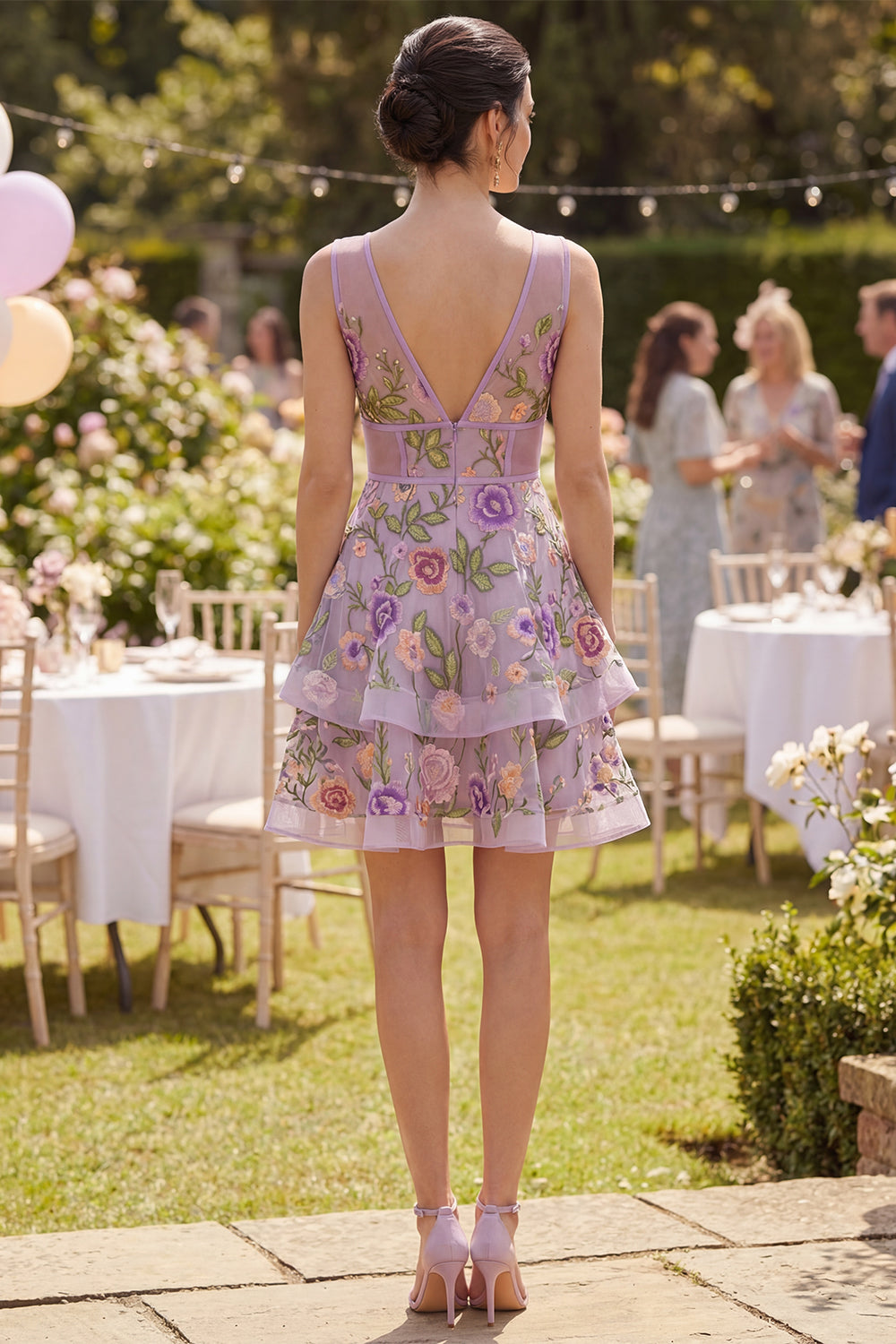 Lilac V-Neck Floral A Line Corset Mini Wedding Guest Dress with Ruffles