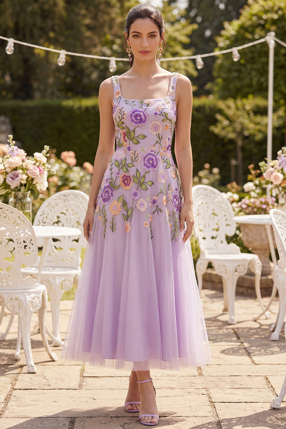 A Line Floral Lilac Square Neck Maxi Wedding Guest Dress