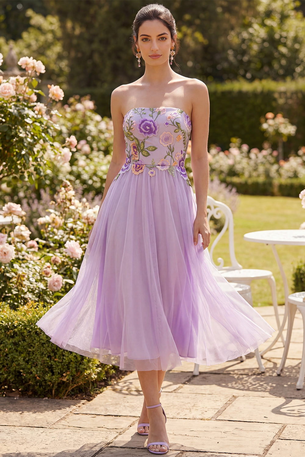 A Line Floral Lilac Strapless Beach Midi Wedding Guest Dress