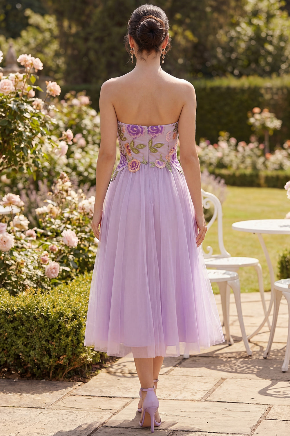 A Line Floral Lilac Strapless Beach Midi Wedding Guest Dress