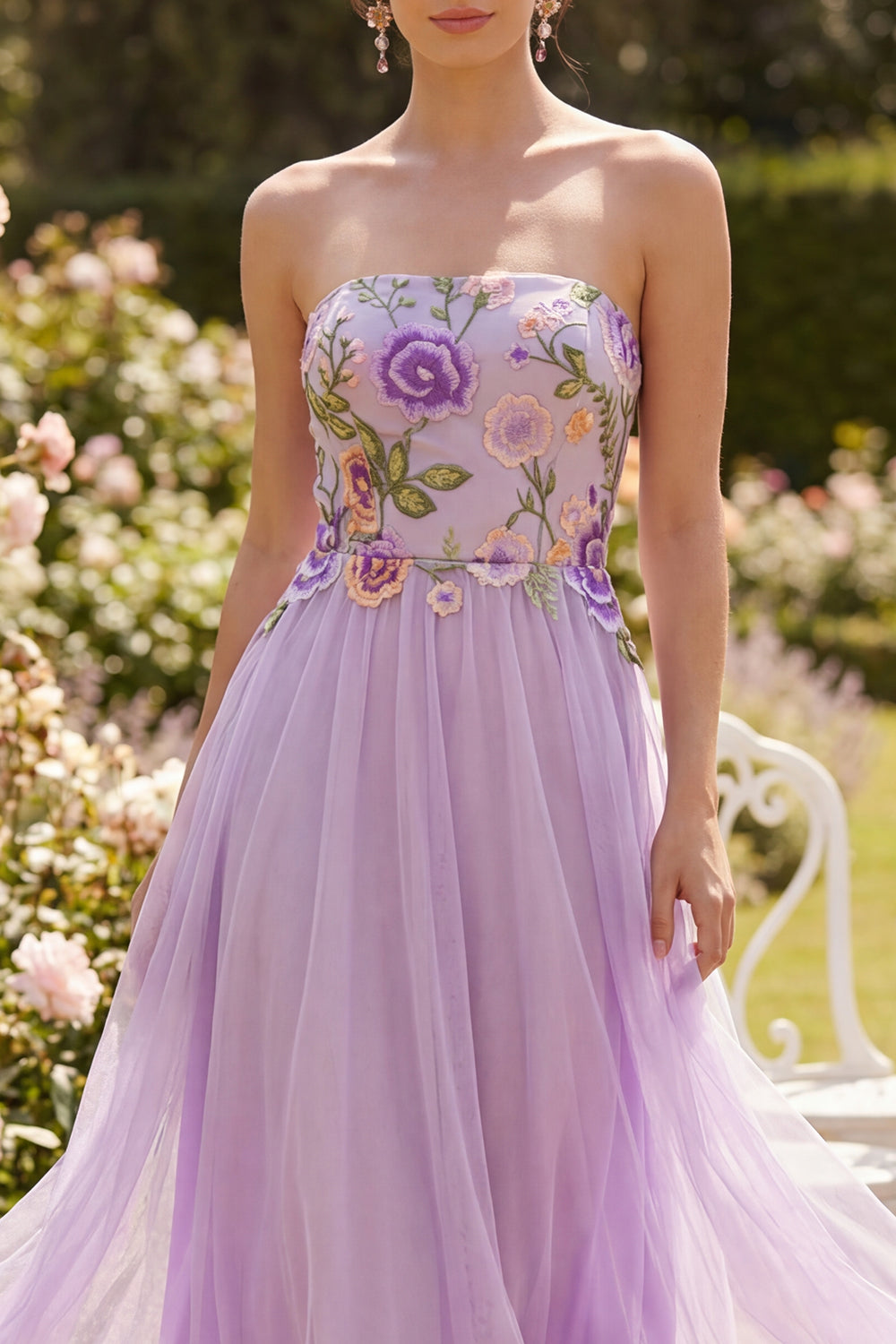 A Line Floral Lilac Strapless Beach Midi Wedding Guest Dress