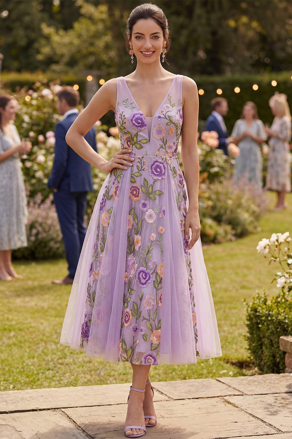Floral Lilac A Line Midi V-Neck Wedding Guest Dress