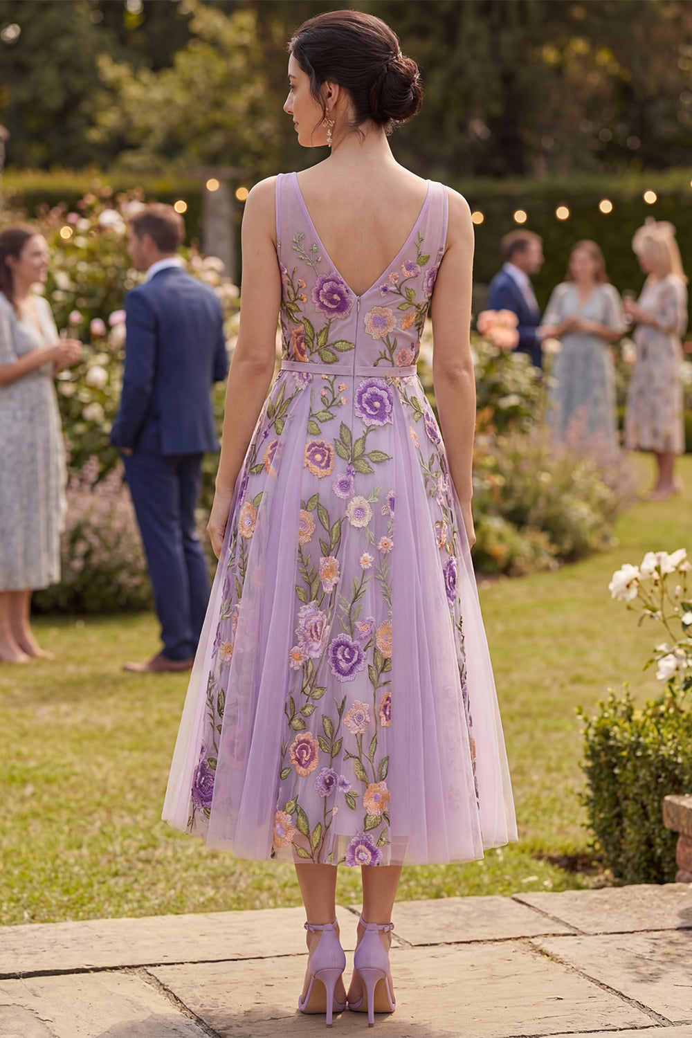 Floral Lilac A Line Midi V-Neck Wedding Guest Dress