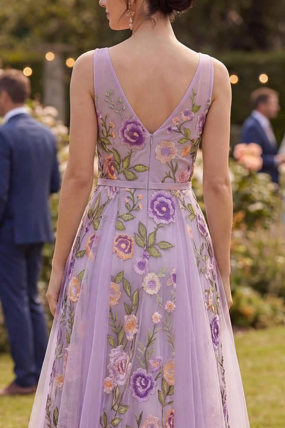 Floral Lilac A Line Midi V-Neck Wedding Guest Dress