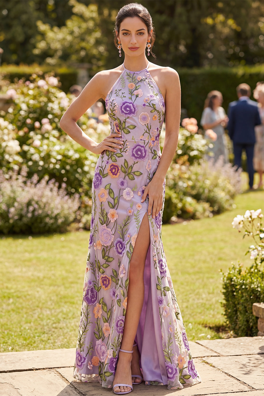 Sheath Floral Lilac Halter Open Back Maxi Wedding Guest Dress with Slit