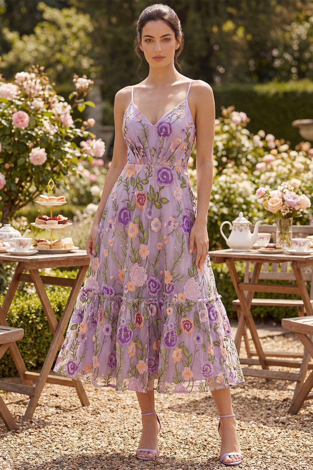 Floral Lilac A Line Ruched Spaghetti Straps Maxi Wedding Guest Dress