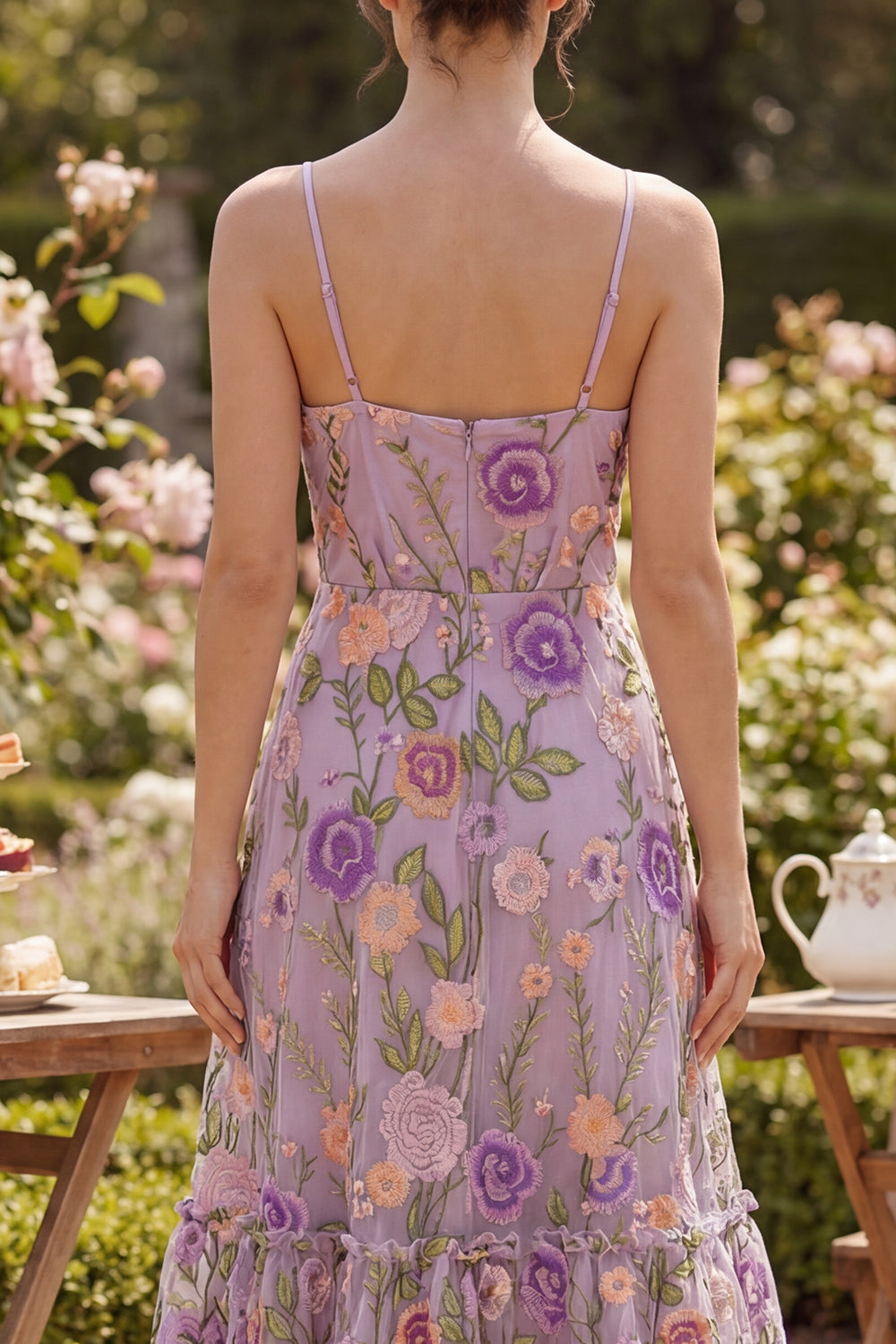 Floral Lilac A Line Ruched Spaghetti Straps Maxi Wedding Guest Dress