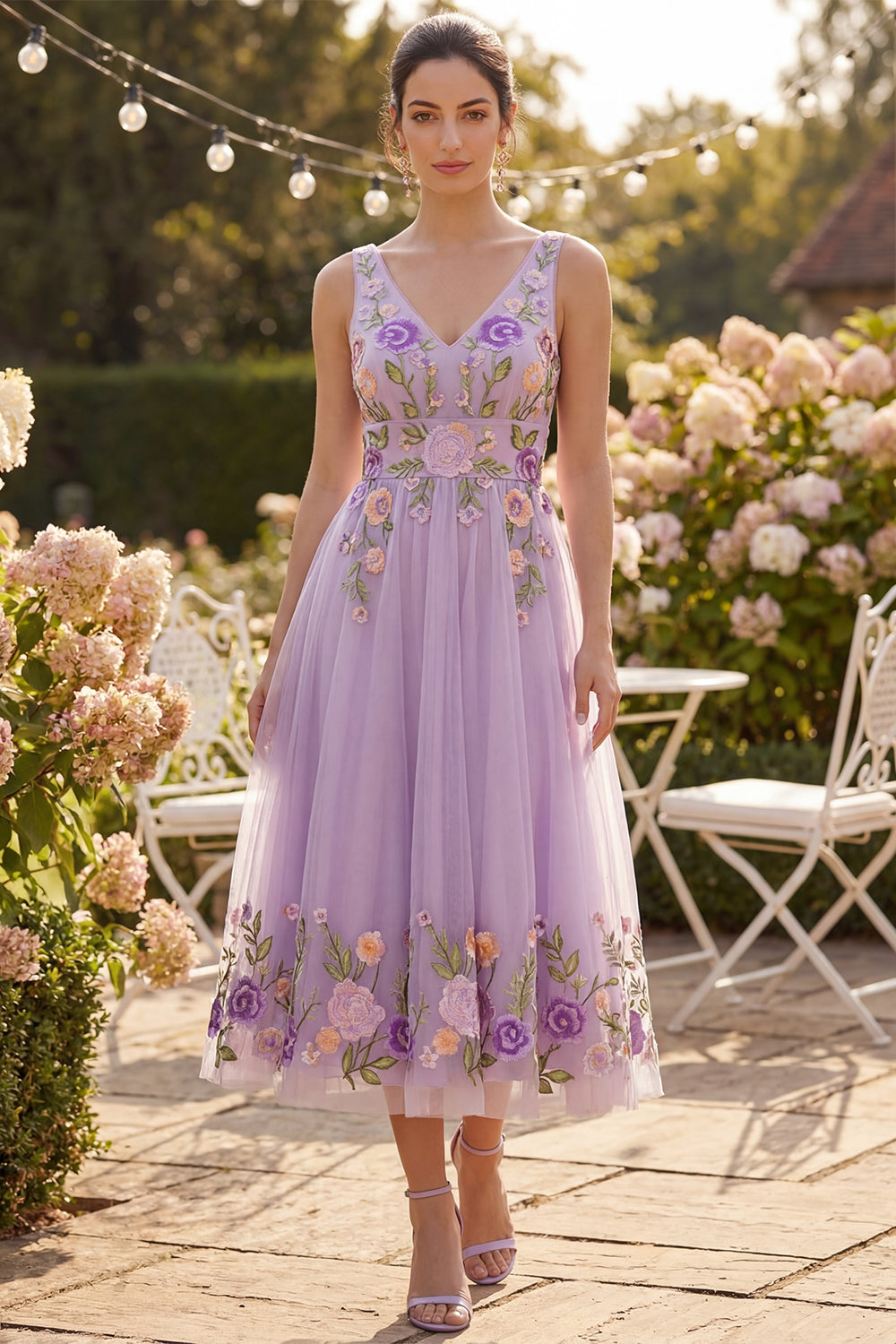 Floral Lilac V-Neck Tulle A Line Maxi Wedding Guest Dress