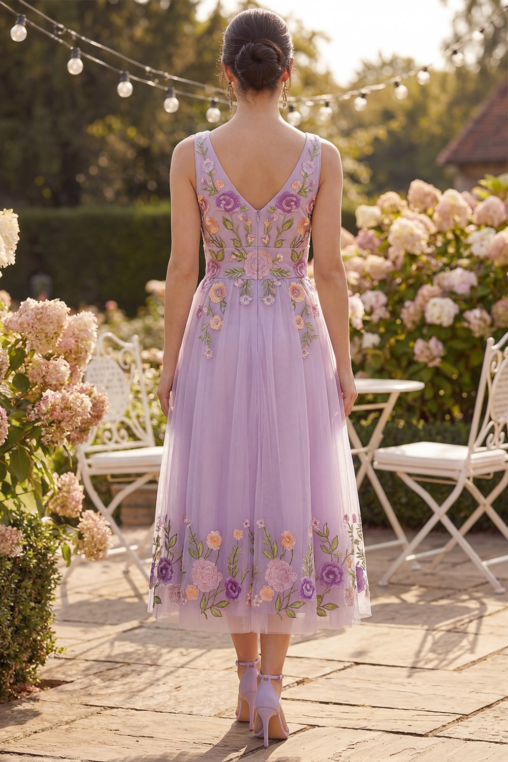 Floral Lilac V-Neck Tulle A Line Maxi Wedding Guest Dress