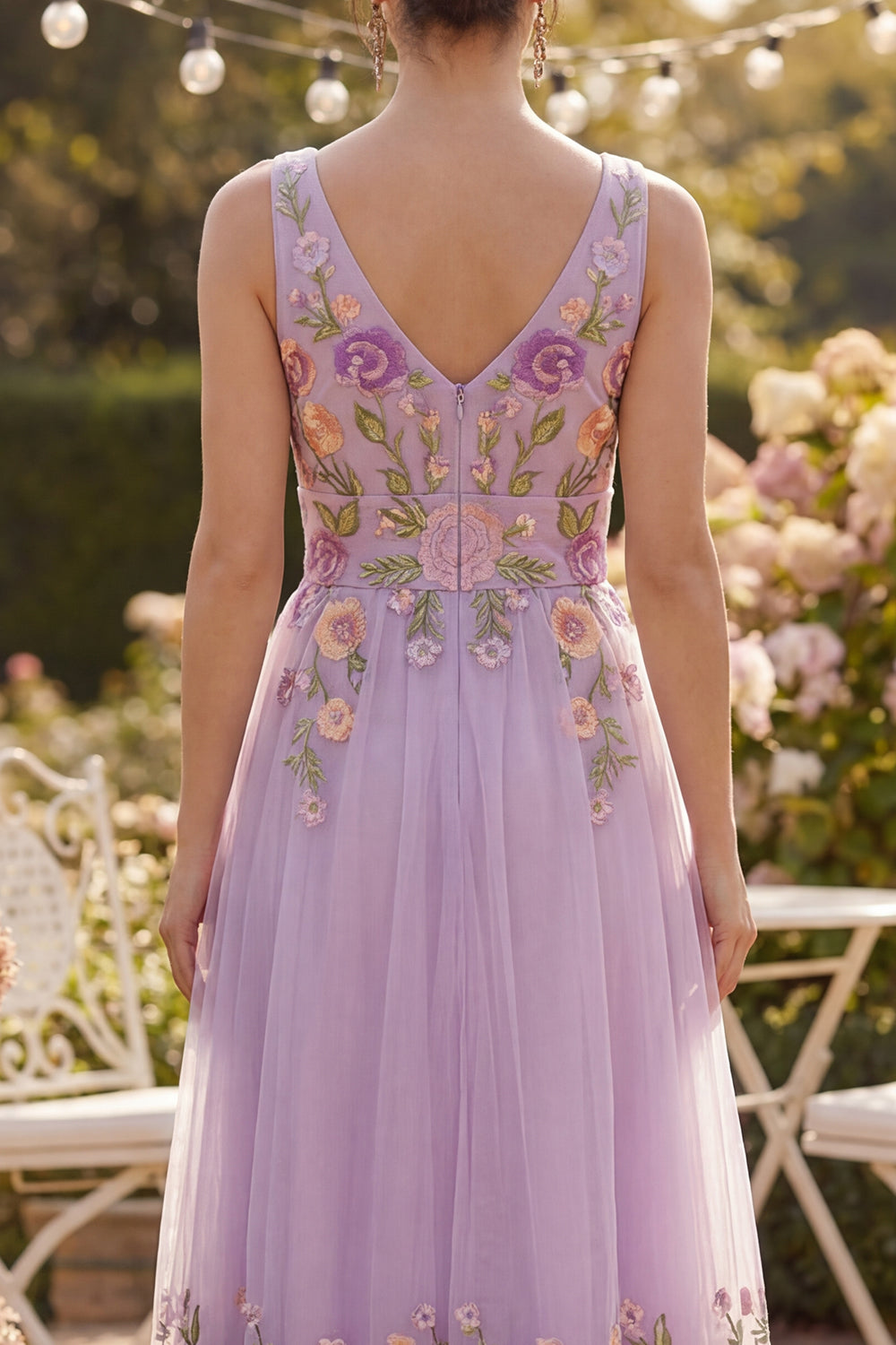 Floral Lilac V-Neck Tulle A Line Maxi Wedding Guest Dress