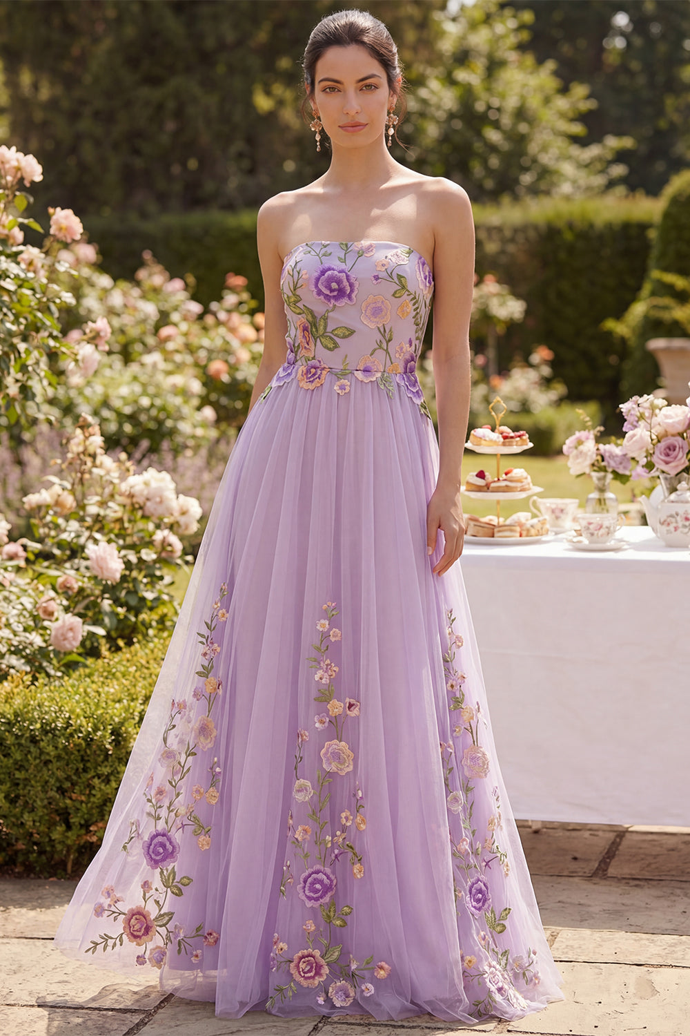 Lilac Strapless A Line Floral Maxi Wedding Guest Dress