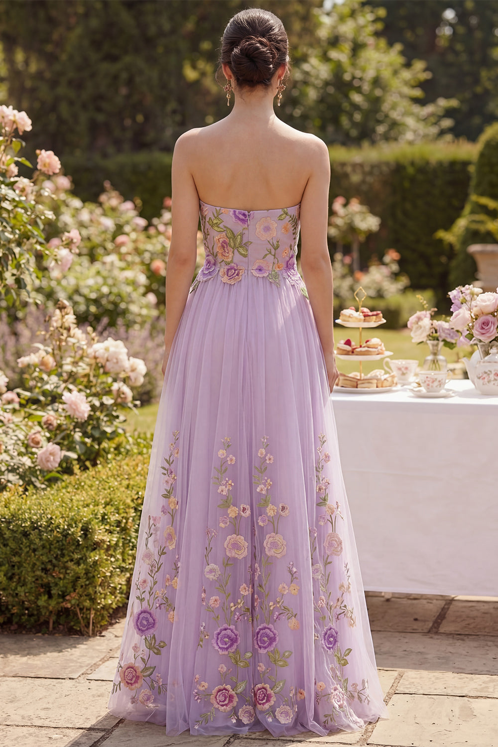 Lilac Strapless A Line Floral Maxi Wedding Guest Dress