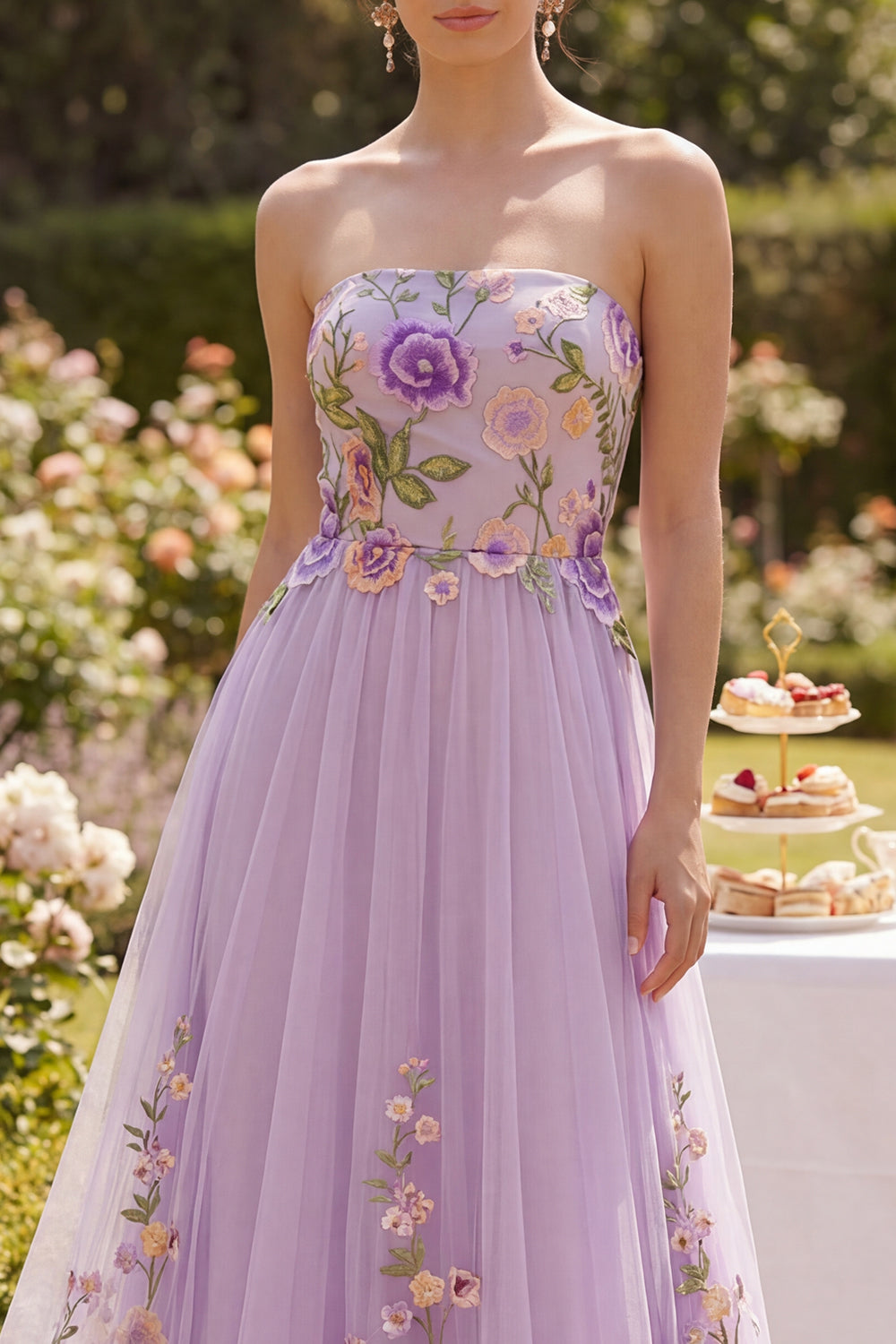 Lilac Strapless A Line Floral Maxi Wedding Guest Dress