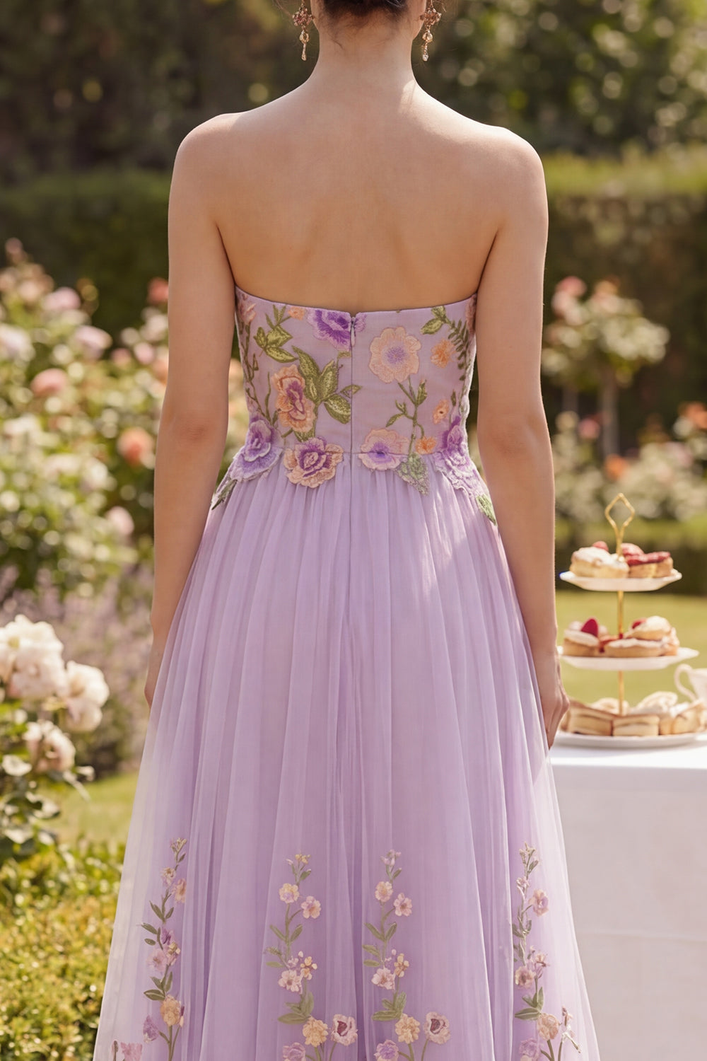 Lilac Strapless A Line Floral Maxi Wedding Guest Dress