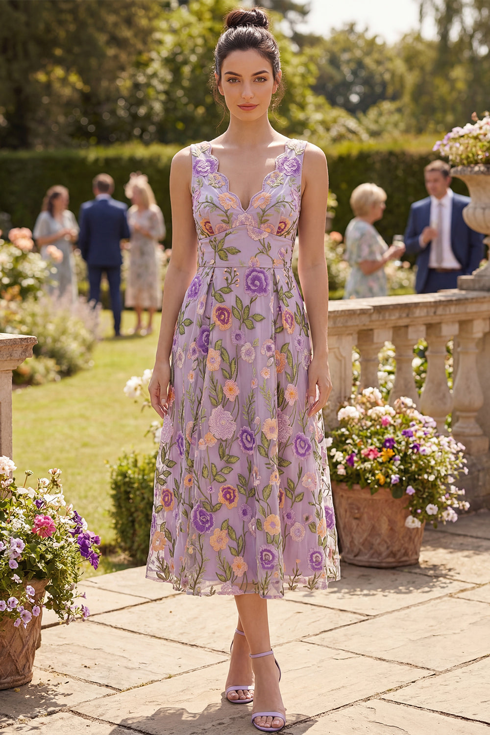 Floral Lilac Appl;iqued V-Neck A Line Maxi Wedding Guest Dress