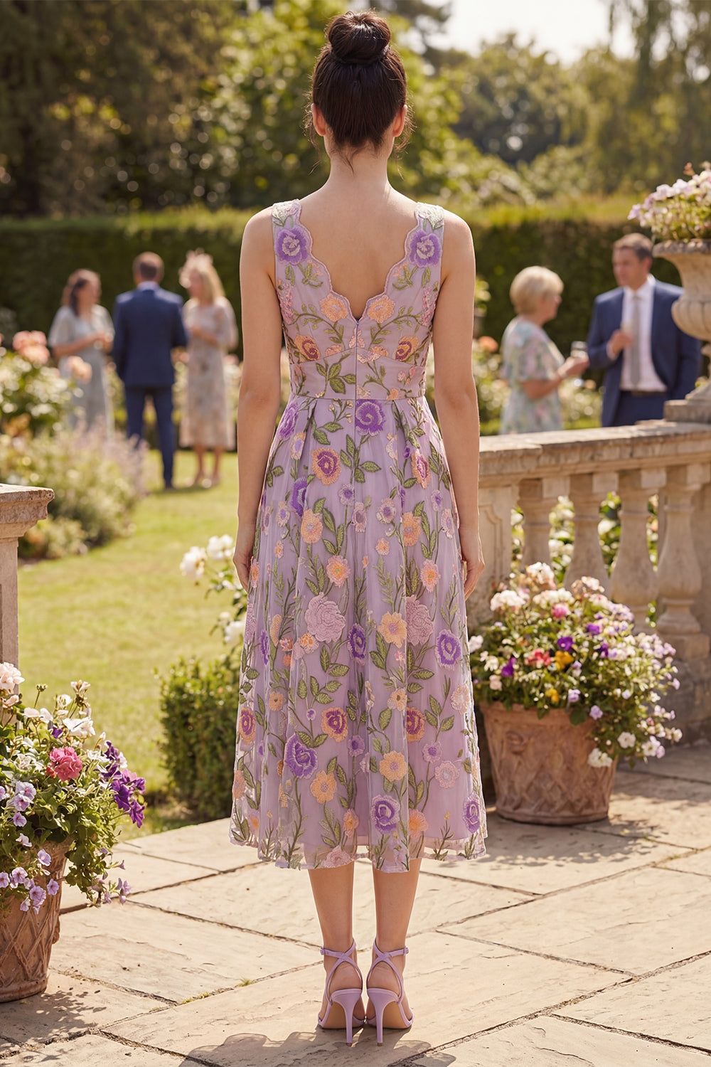 Floral Lilac Appl;iqued V-Neck A Line Maxi Wedding Guest Dress