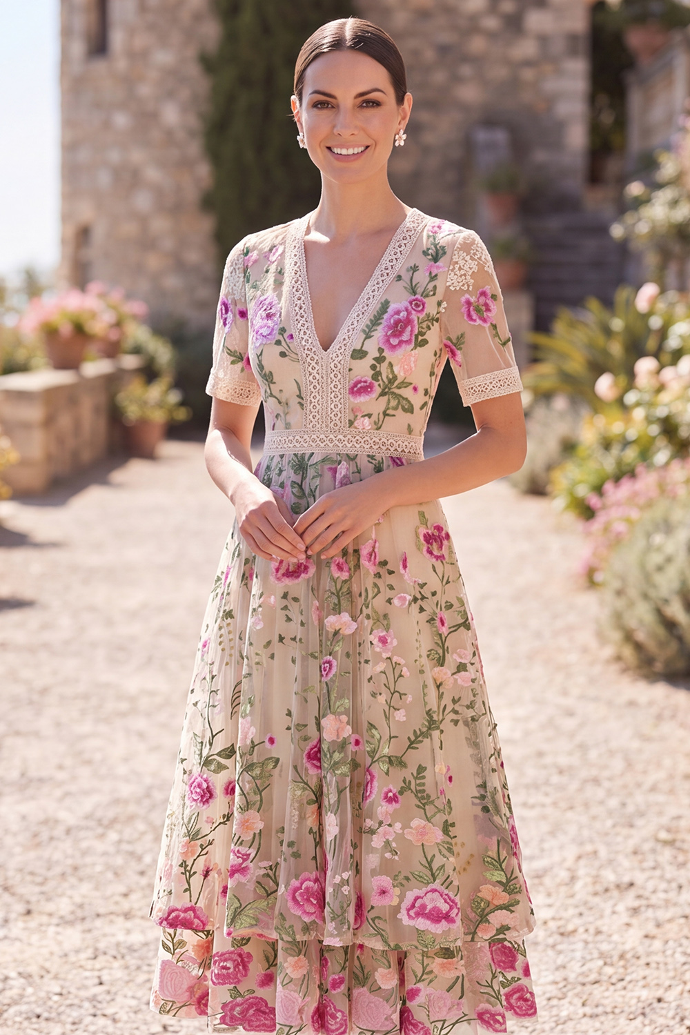 A Line Floral Blush Tiered Maxi Wedding Guest Dress with Sleeves