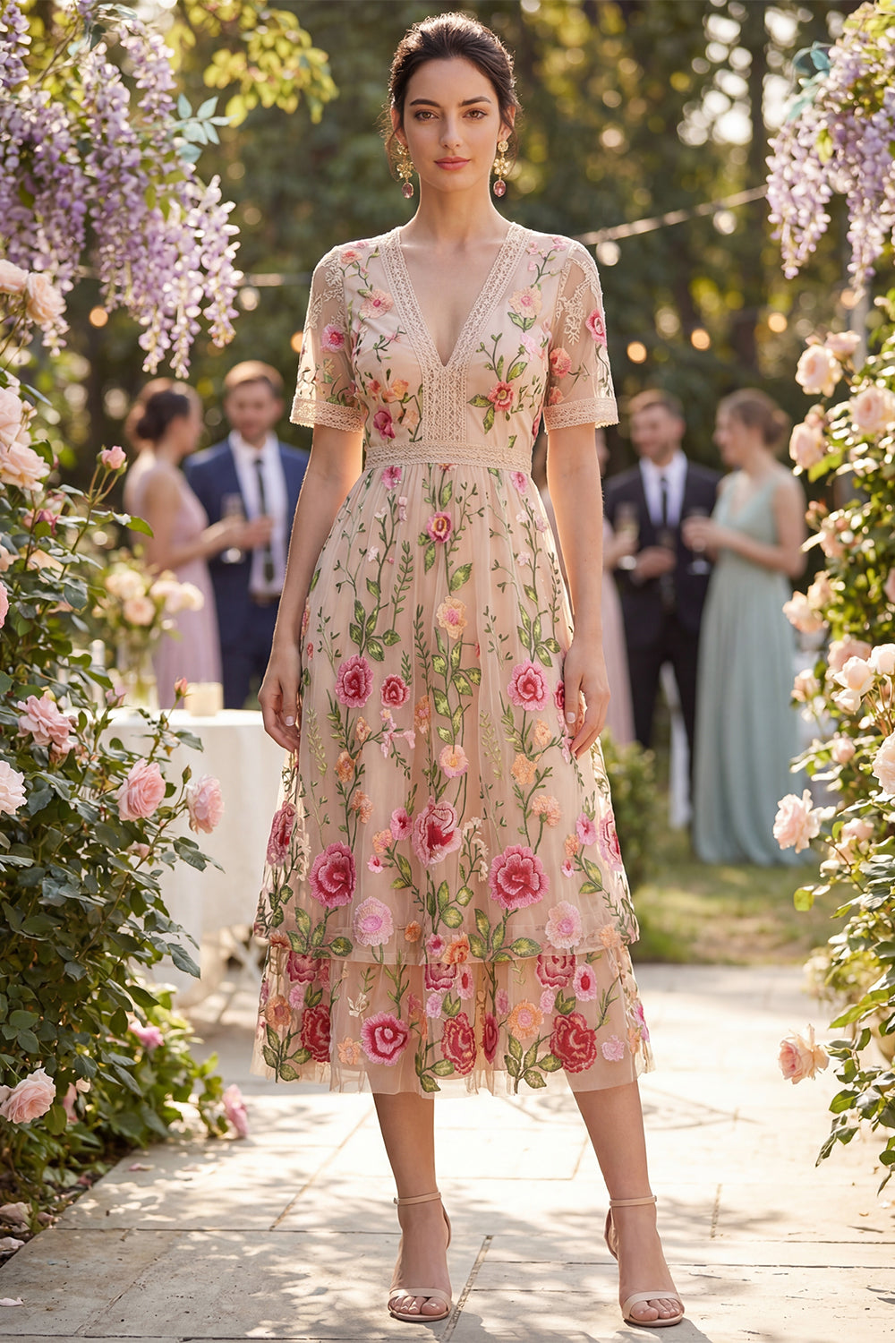 A Line Floral Blush Tiered Maxi Wedding Guest Dress with Sleeves