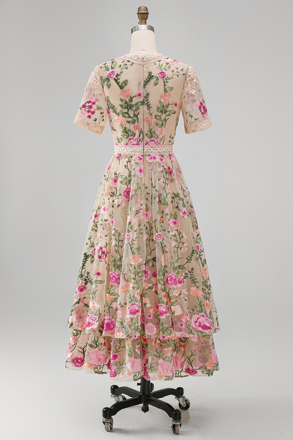 A Line Floral Blush Tiered Maxi Wedding Guest Dress with Sleeves