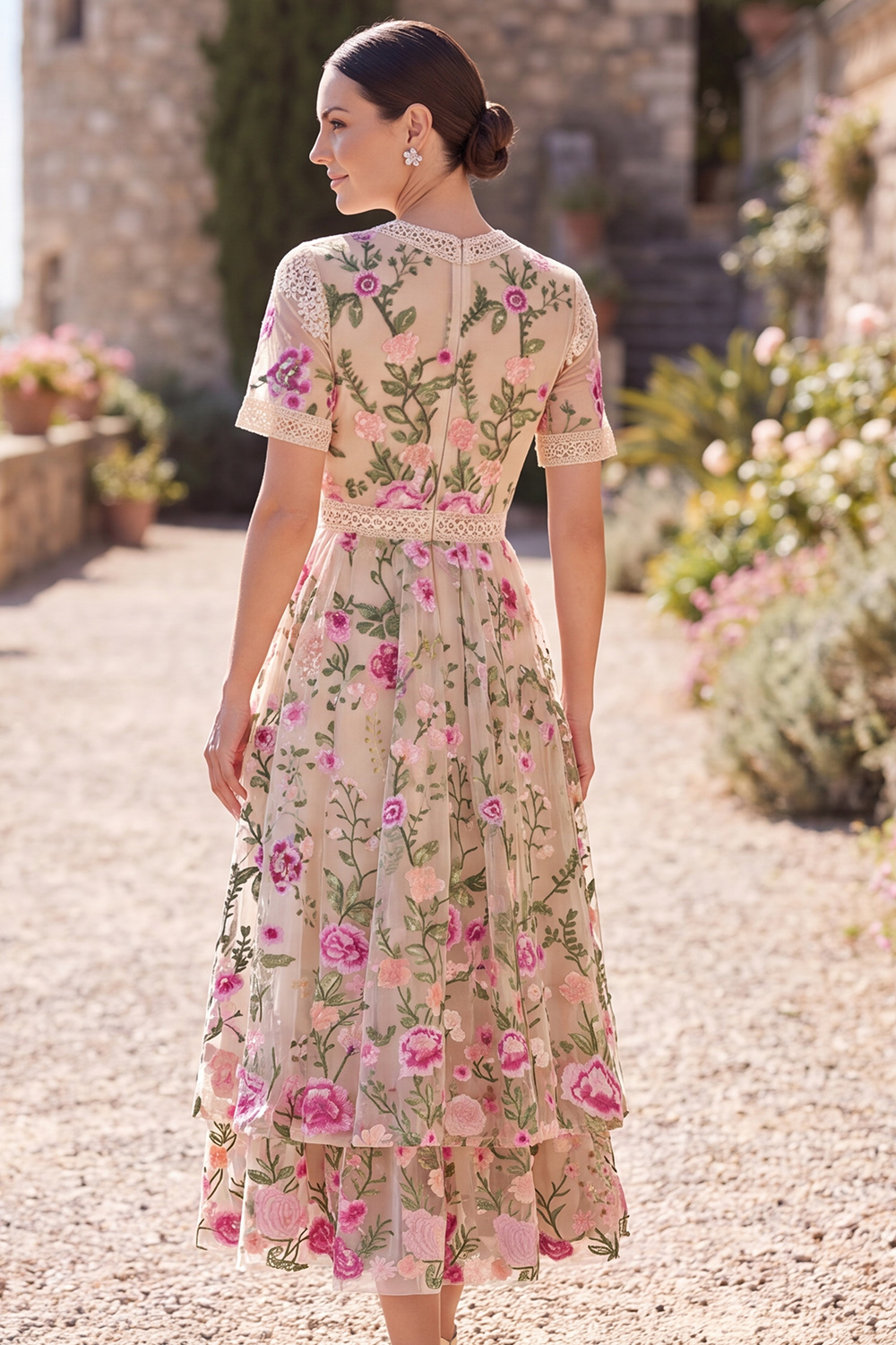 A Line Floral Blush Tiered Maxi Wedding Guest Dress with Sleeves