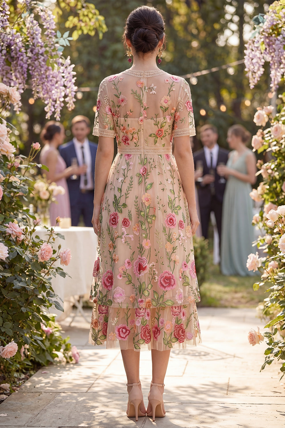 A Line Floral Blush Tiered Maxi Wedding Guest Dress with Sleeves