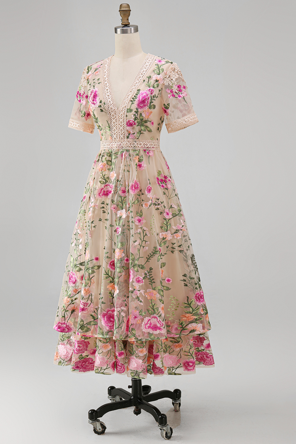 A Line Floral Blush Tiered Maxi Wedding Guest Dress with Sleeves