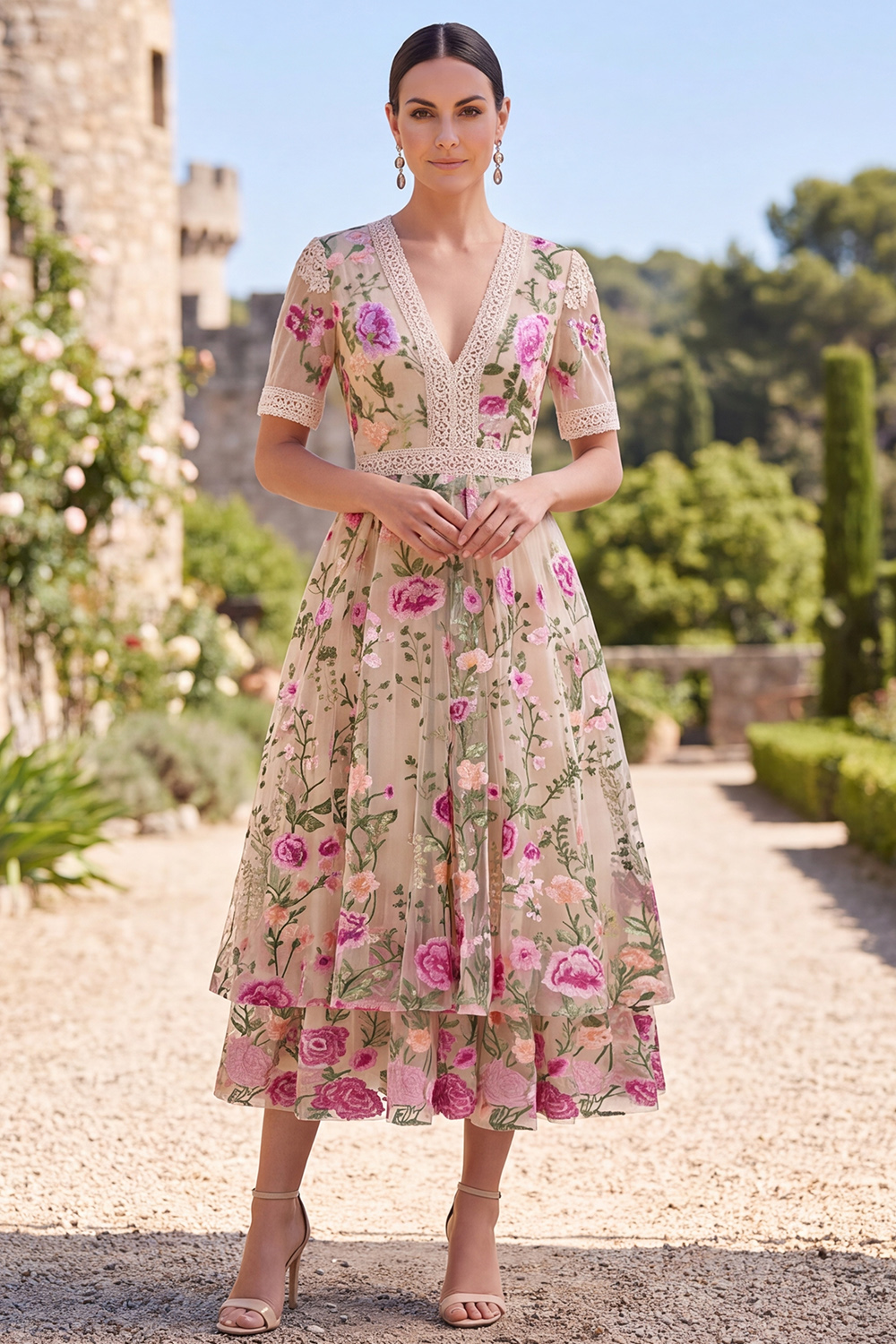 A Line Floral Blush Tiered Maxi Wedding Guest Dress with Sleeves