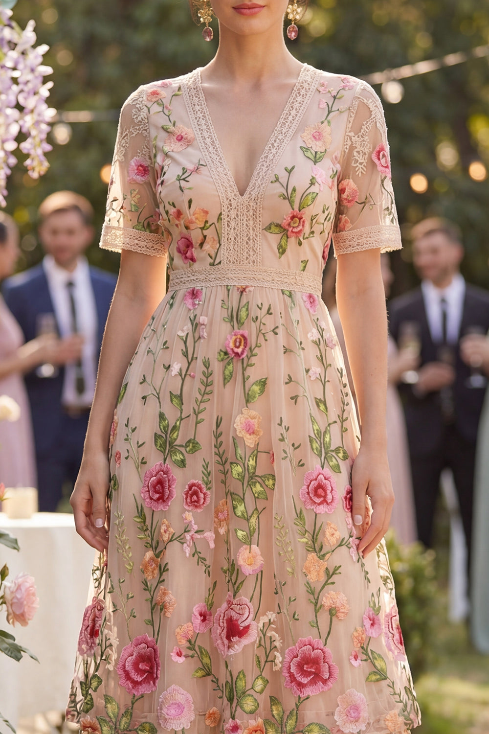 A Line Floral Blush Tiered Maxi Wedding Guest Dress with Sleeves