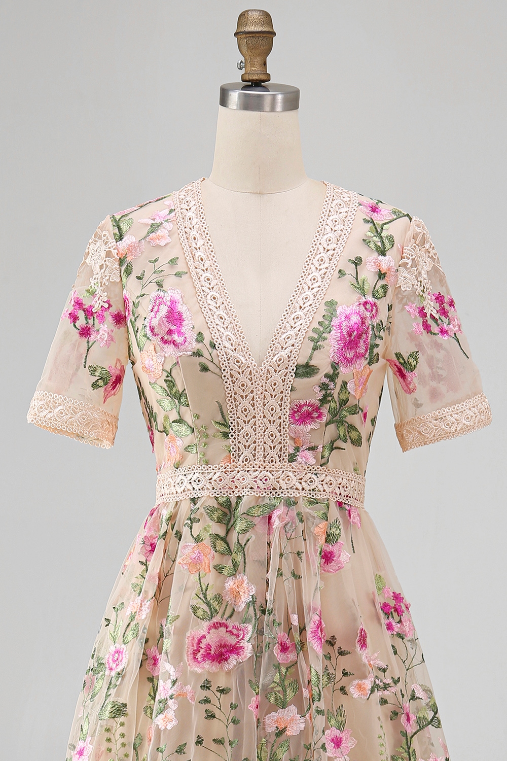 A Line Floral Blush Tiered Maxi Wedding Guest Dress with Sleeves