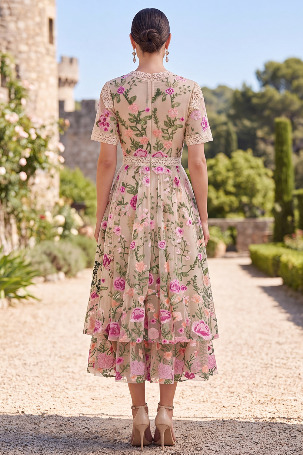 A Line Floral Blush Tiered Maxi Wedding Guest Dress with Sleeves