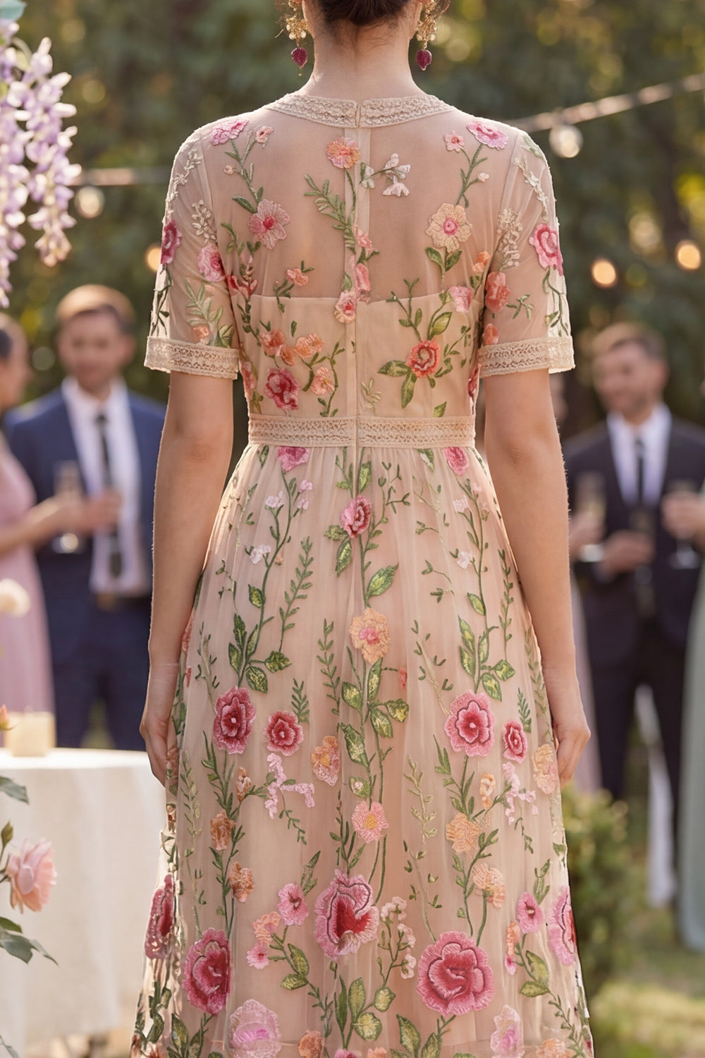 A Line Floral Blush Tiered Maxi Wedding Guest Dress with Sleeves