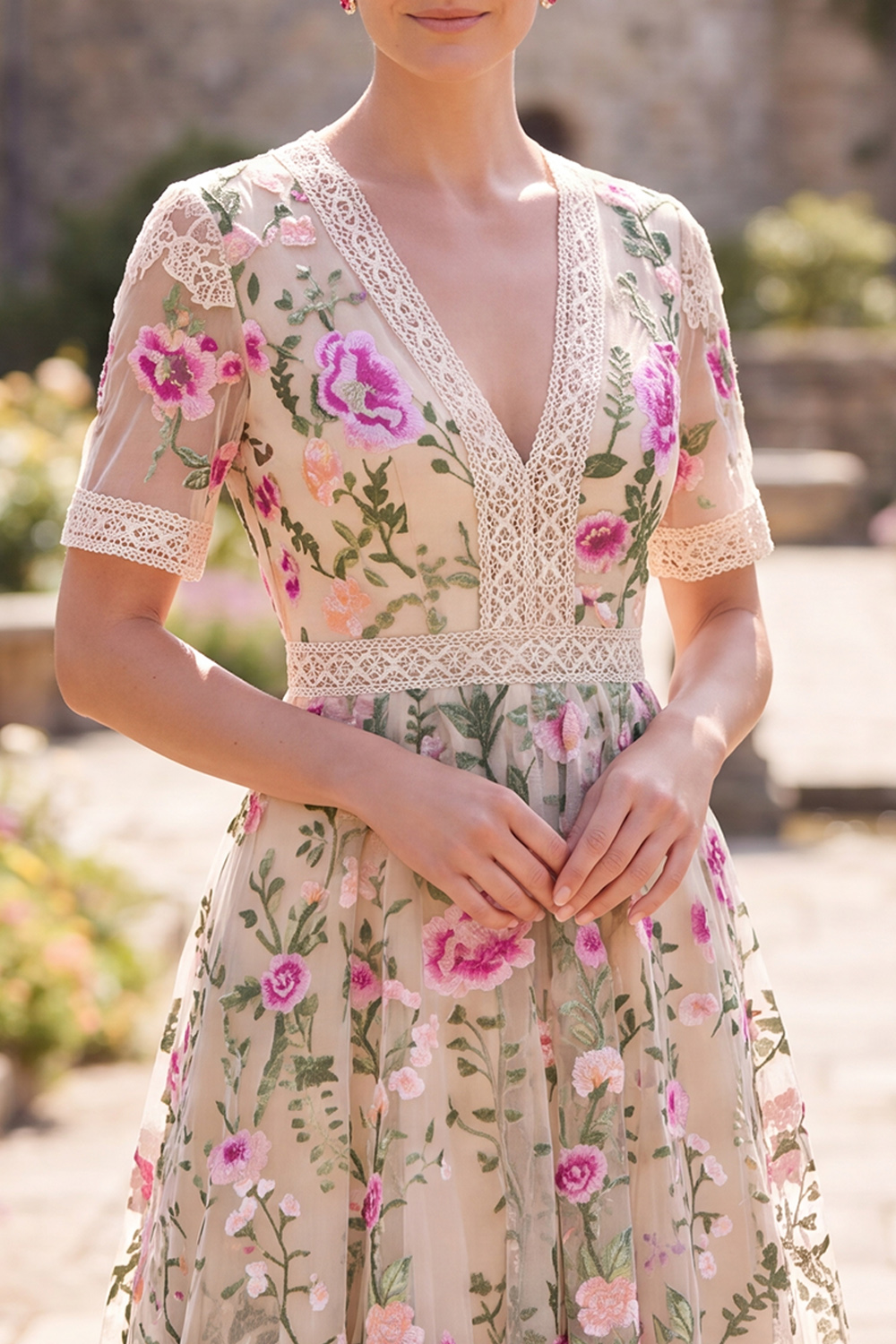 A Line Floral Blush Tiered Maxi Wedding Guest Dress with Sleeves