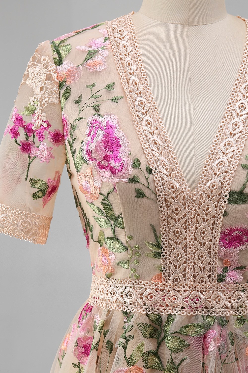 A Line Floral Blush Tiered Maxi Wedding Guest Dress with Sleeves