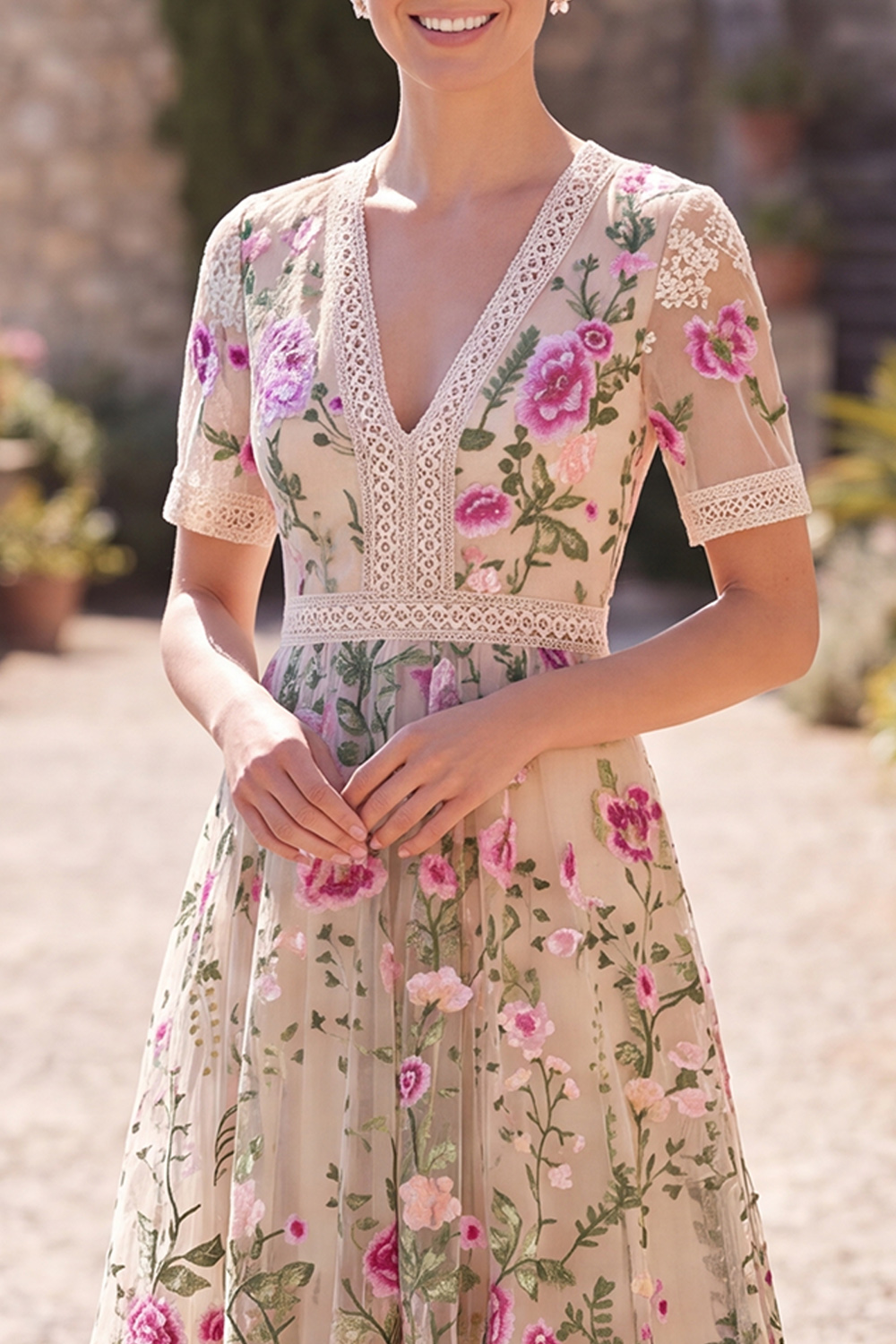 A Line Floral Blush Tiered Maxi Wedding Guest Dress with Sleeves