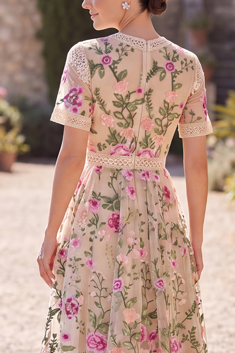 A Line Floral Blush Tiered Maxi Wedding Guest Dress with Sleeves