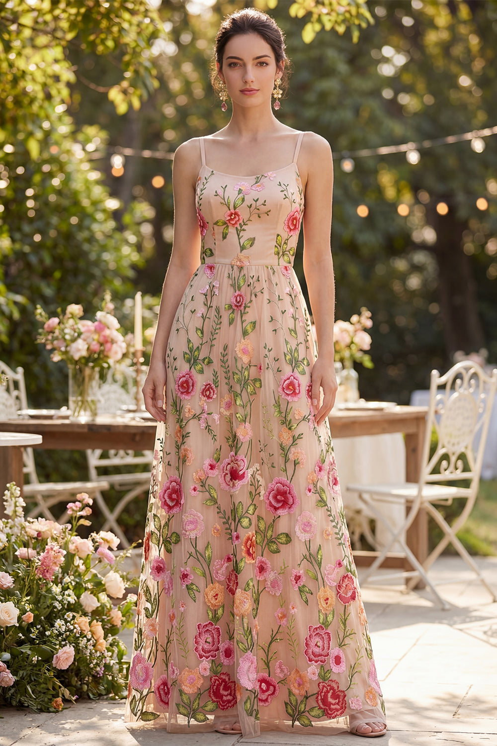 Floral Blush Spaghetti Straps A Line Maxi Wedding Guest Dress