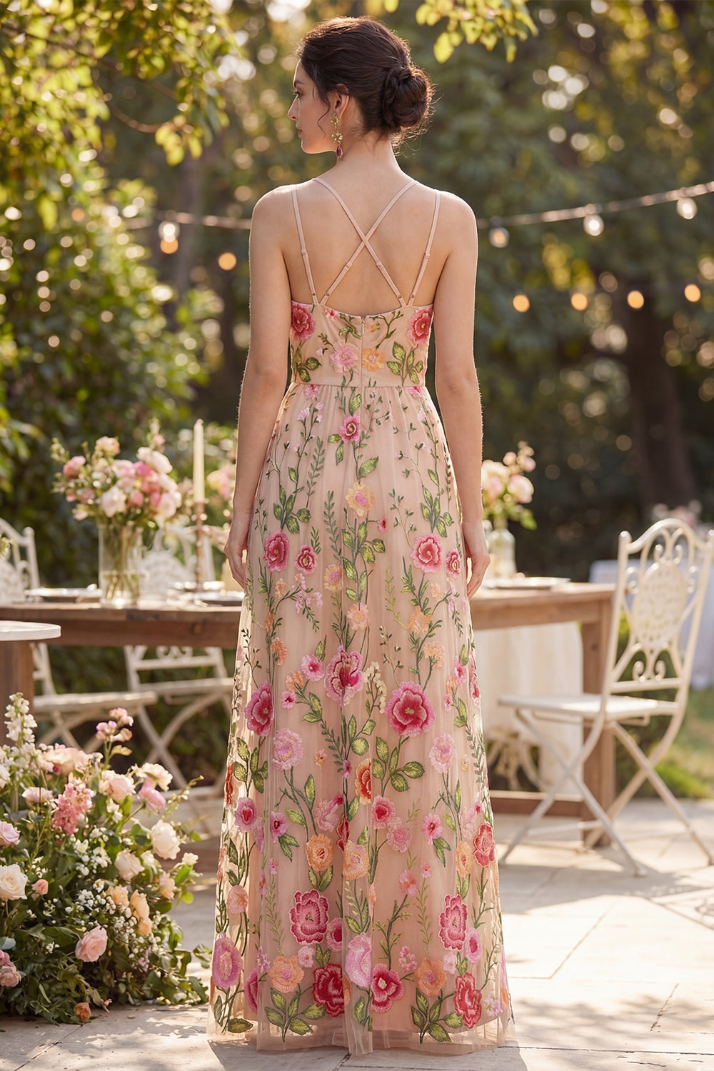 Floral Blush Spaghetti Straps A Line Maxi Wedding Guest Dress