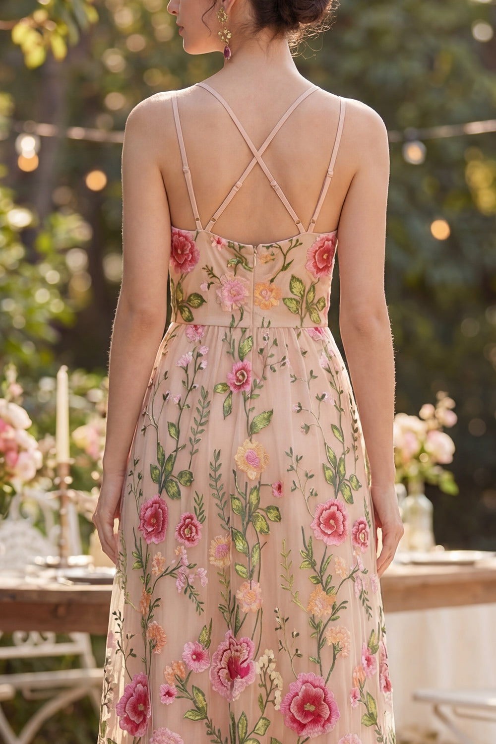 Floral Blush Spaghetti Straps A Line Maxi Wedding Guest Dress