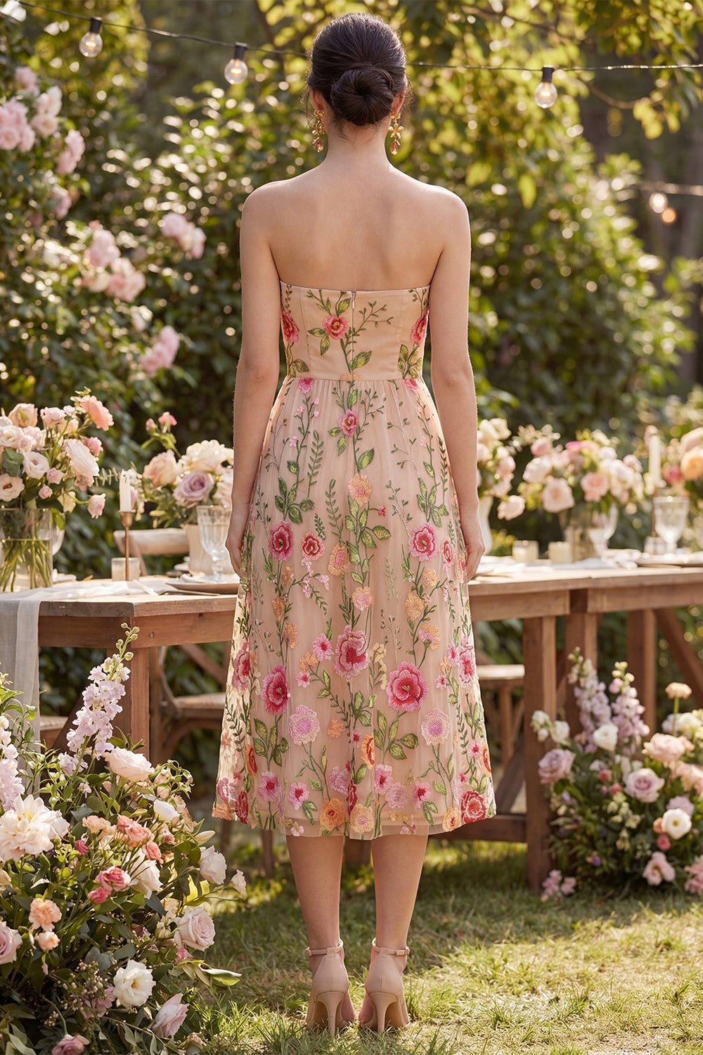 A Line Blush Floral Strapless Maxi Wedding Guest Dress