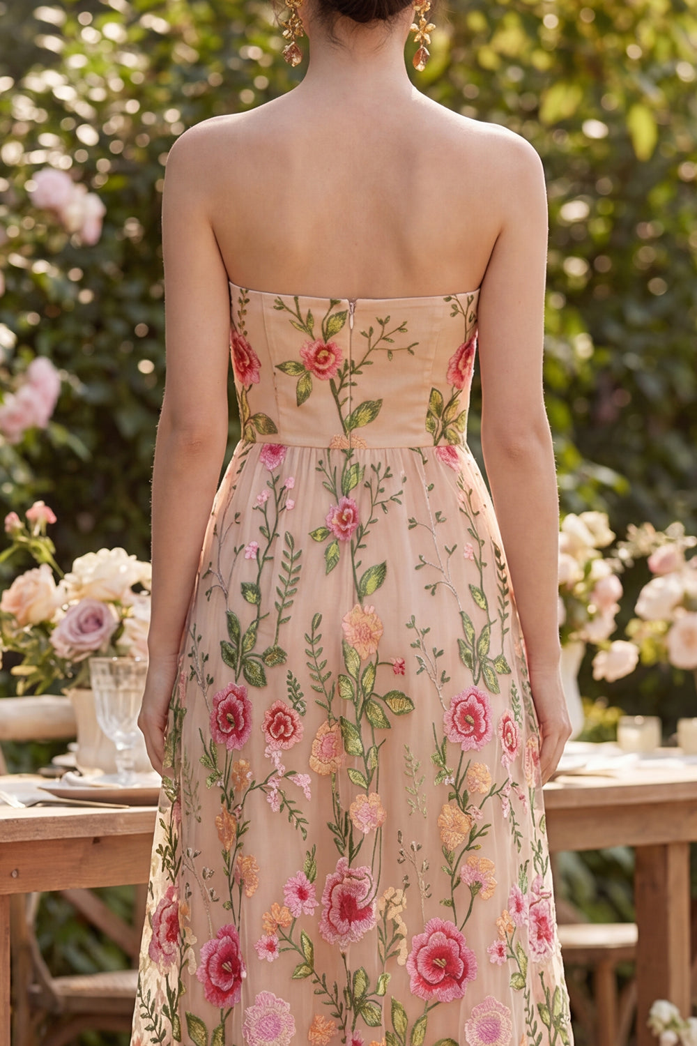 A Line Blush Floral Strapless Maxi Wedding Guest Dress