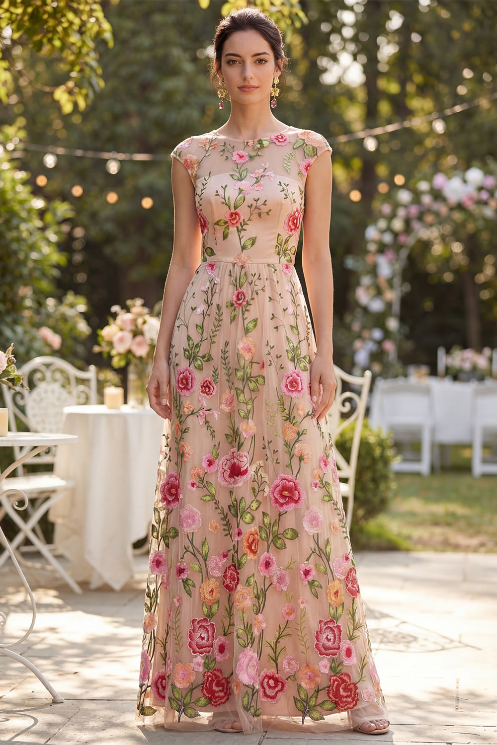 Blush Cap Sleeves Boat Neck A Line Floral Maxi Wedding Guest Dress